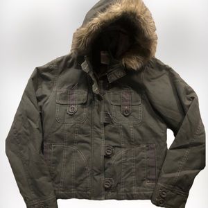 Maurices Olive/Army Green Fitted Waist Coat SZ S Removable Faux Fur Hood